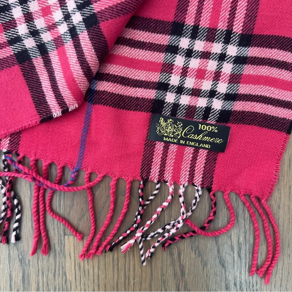 Anthro Vintage Plaid 100% Cashmere Oblong Scarf in Pink Multicolor 72